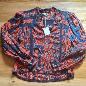Jennifer & Grace Vibrant Orange and Navy Blue Patterned Blouse